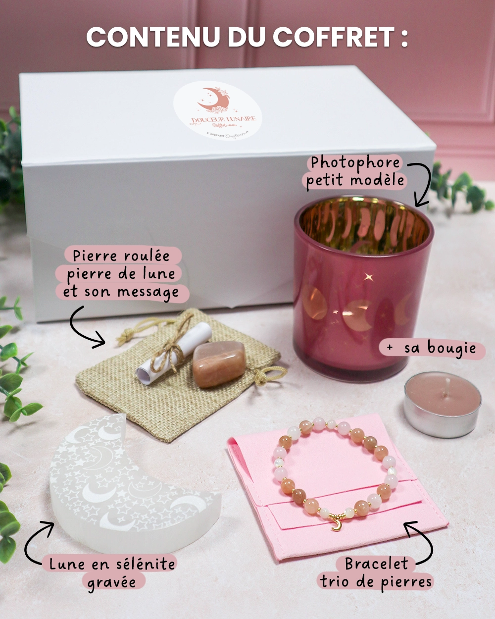 coffret douceur lunaire lithotherapie pierre de lune bracelet photophore selenite