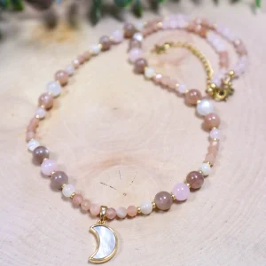 Collier pierres naturelles pierre de lune quartz rose nacre pendentif lune