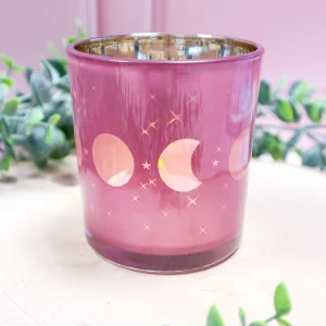 photophore lune rose en verre petit modèle phases lunaires dorées