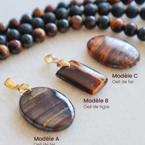 Pendentifs en pierre naturelle œil de fer et œil de tigre avec bélières dorées