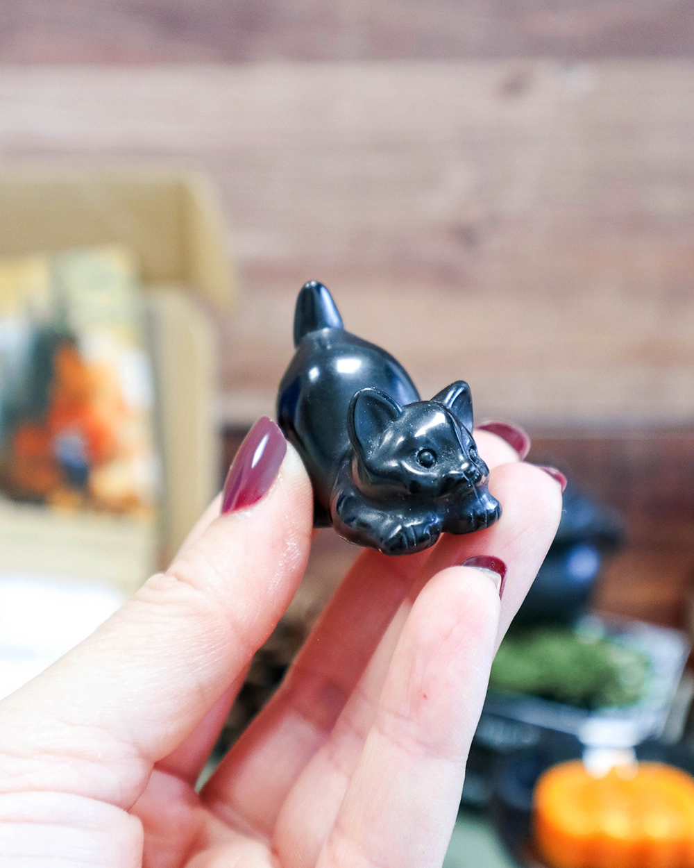 Chat sculpté en obsidienne noire – Box Samhain