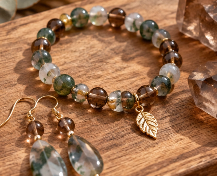 Bijou en agate mousse et quartz fumé dans une palette naturelle et terreuse