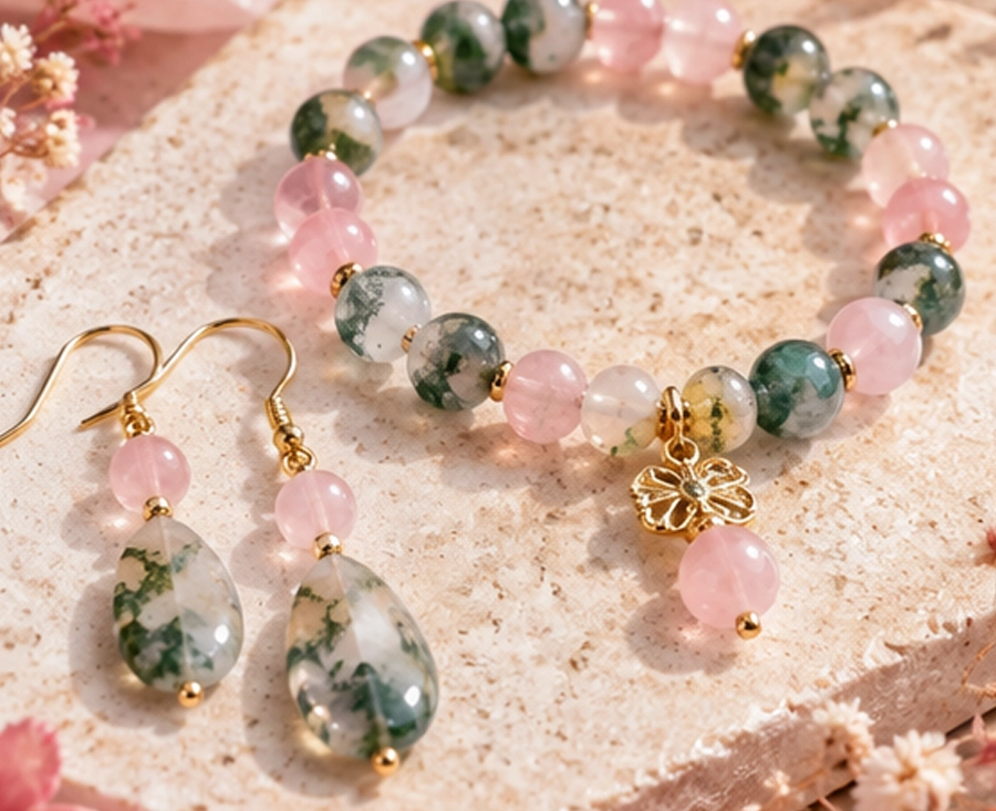 Bijou en agate mousse et quartz rose aux tons doux et végétaux Bijou en agate mousse et quartz rose aux tons doux et végétaux